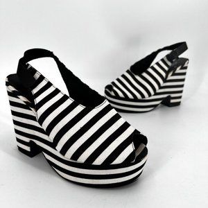 Kate Spade Beetlejuice Black & White Stripe Platform Wedge Peep Toe Sandals
